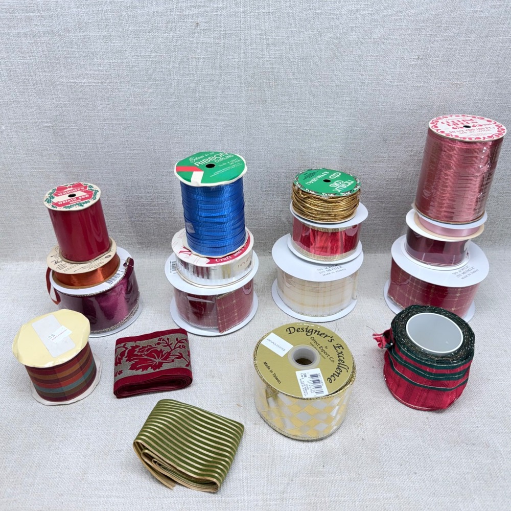Vintage Holiday Ribbon Lot Christmas Wired Satin Metallic Plaid 15+ Spools